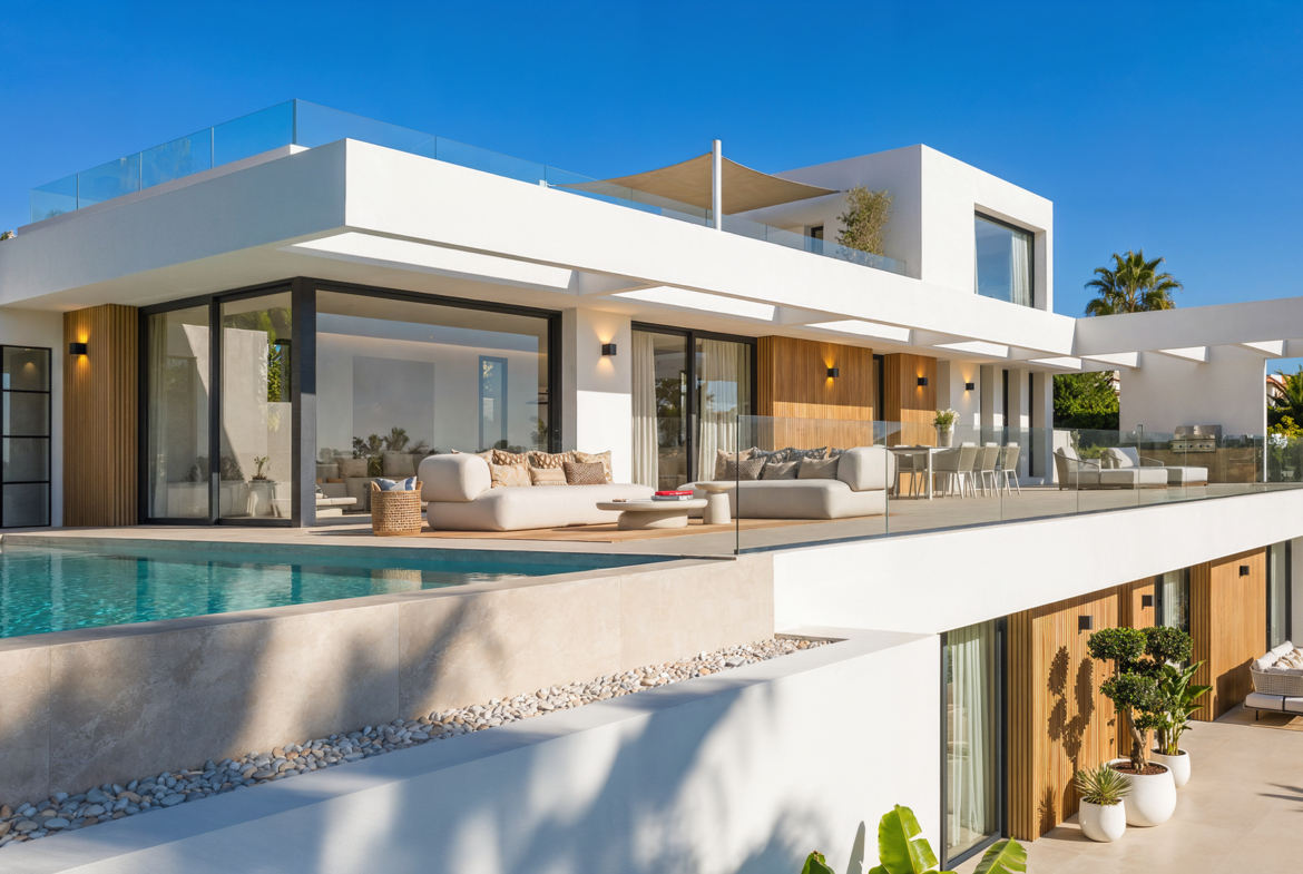 Villa mediterránea con orientación sur y vistas panorámicas